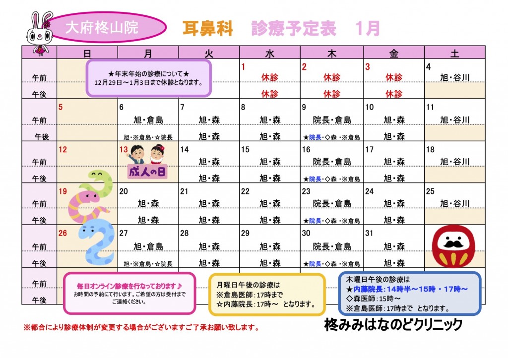 R7.1耳鼻科診療予定表